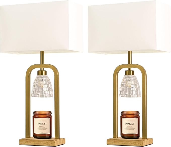 PoKat Gold Table Lamps for Bedroom with Candle Warmer & Timer, Mid Century Modern Bedroom Lamps for Living Room Night Stands, Bedside Lamps for End Table, Dinning, Bathroom, Bulbs Included