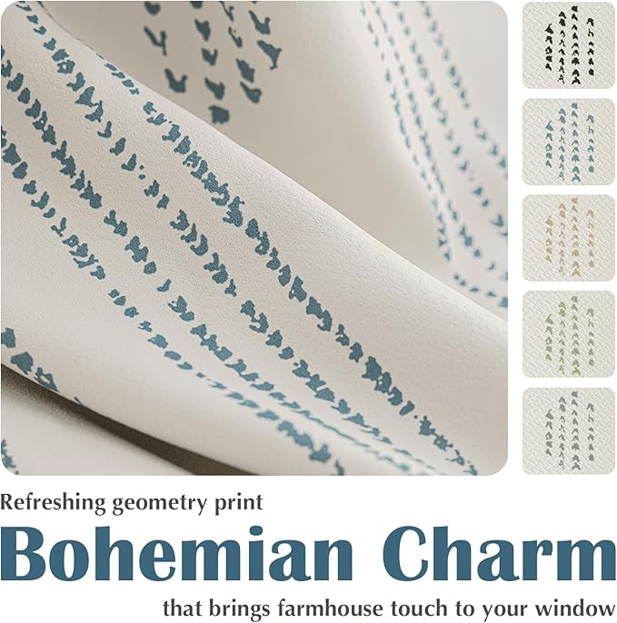 100% Boho Blackout Curtains 96 Inches Long for Bedroom, Blue on Beige Patterned Bohemian Curtains for Living Room, Geometric Striped Thermal Insulated Window Drapes Gromment Top 2 Panels