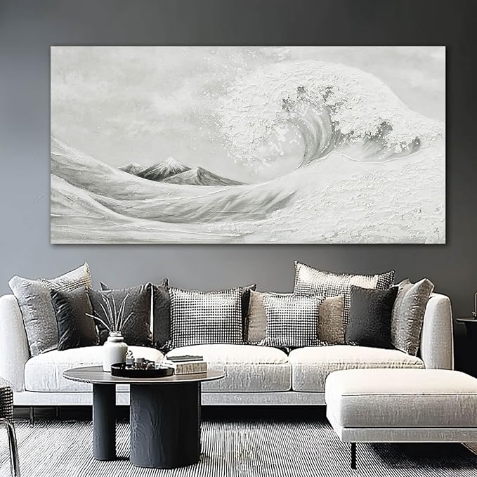 YETHEN WAL Textured Grey Wave Wall Art – Extra Large 3D Coastal Canvas, Neutral Minimalist Seascape for Living Room Bedroom, Hand-Painted Details, 29×58 Inch