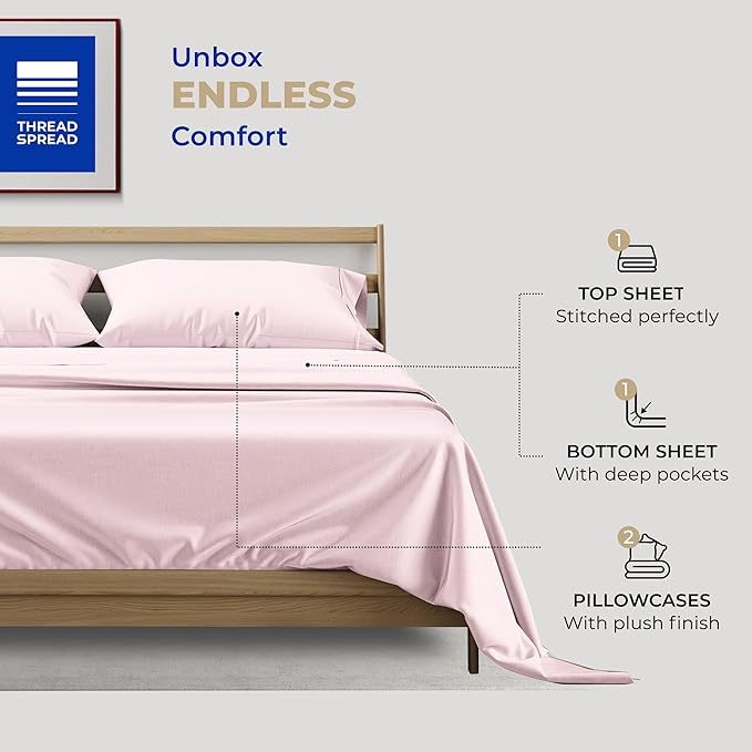 THREAD SPREAD 400 Thread Count California King Cotton Sheets - 4 PC Cal King Size Bed Sheet Set Cotton (Blush), Soft, Cooling, Sateen Weave Hotel-Quality 16" Deep Pocket Bedsheet for Hot Sleepers
