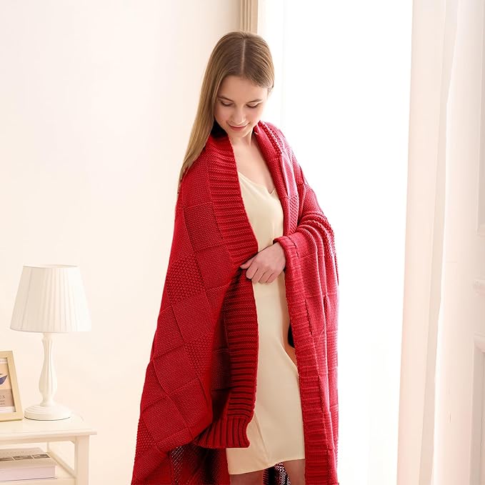 CozeCube Check Knit Throw Blanket, Christmas Red Checkered Bedroom Blanket for Couch, Soft Cozy Warm Knitted Blanket for Bed Sofa Living Room, Decorative Spring Fall Throw Blanket, 50"X60"