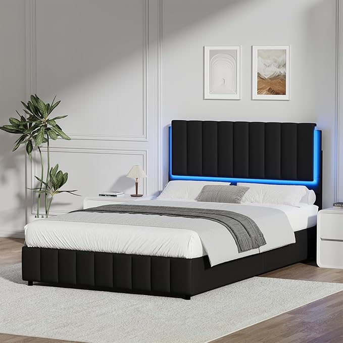 Queen Size Bed Frame with Headboard and LED Lights, Modern Upholstered Faux Leather Platform Bed with Wooden Slats Support, No Box Spring Needed, Easy Assembly, Black