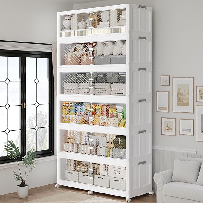 720QT Plastic Stackable Storage Bins with Lid, 180GAL Extra Large Collapsible Box with Wheels Clear Door, Foldable Closet Organizer Container Cabinet Drawer for Home Kitchen，6Pack, White