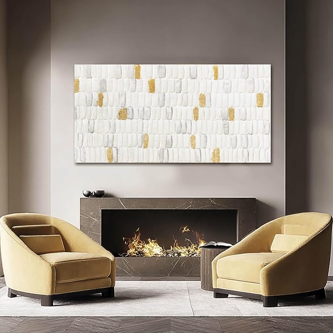 YETHEN WAL White and Gold Abstract Wall Art, Textured Geometric Canvas Painting, Neutral Modern Minimalist Wall Decor for Living Room Bedroom Office 20x40 Inch
