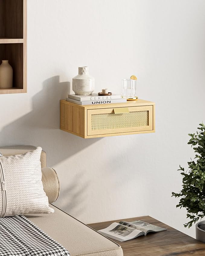 Floating Nightstand, Floating Shelf with Drawer, Wall Mounted Nightstand, Floating Bedside Table (Oak Rattan)