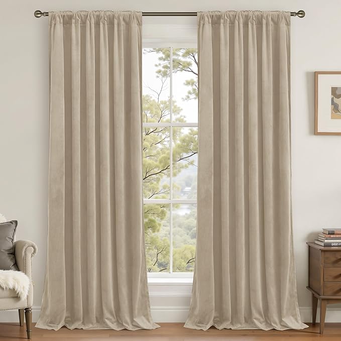 LAMIT Velvet Curtains 96 Inch for Living Room, Taupe Thermal Room Darkening Drapes for Bedroom Super Soft Elegant Back Tab and Rod Pocket Panels for Sliding Glass Door, 2 Panels, 52 x 96 Inch