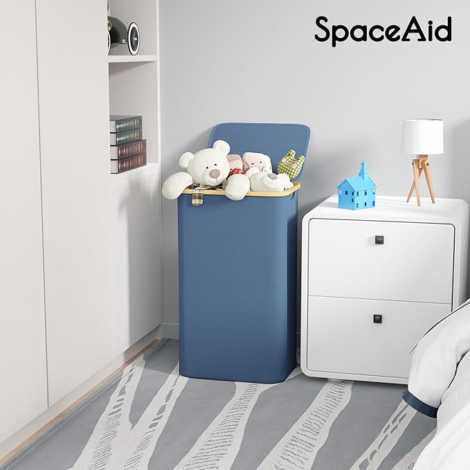 SpaceAid Laundry Hamper with Lid, 110L Large Tall Clothes Basket Bin with Bamboo Handles, Collapsible Laundry Hamper for Bedroom, Bathroom, Dorm, Laundry Room - Blue