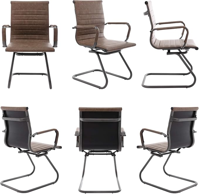 WAHSON OFFICE CHAIRS - No Wheels & Reception Seats, Leather Waiting Room Mid Back Conference Seats with Sled Base for Meeting/Lobby/Restroom, Brown (4 Pack)