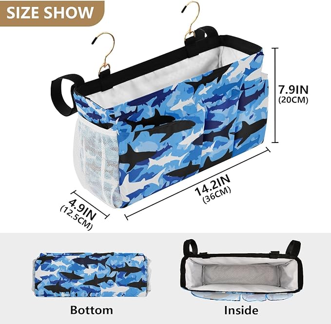 Bedside Caddy Hanging Bunk Bed Caddy Bed Organizer Hanging Pocket with 2 Hooks Bedside Storage Organizer Pocket Bag Holder Marine Bright Sky Blue Shark