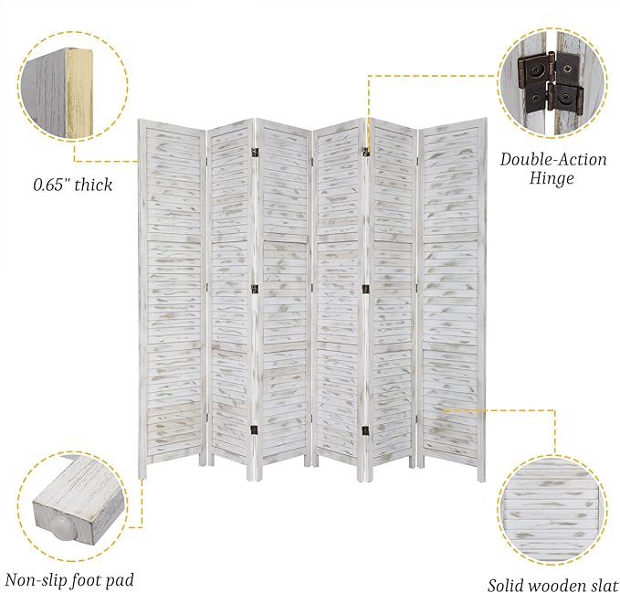 Bonnlo Wood Room Divider Privacy Screen, 5.9 Ft Tall Folding Partition Wall Divider, Indoor Freestanding Hinged Space Separator (Grey, 6 Panel)
