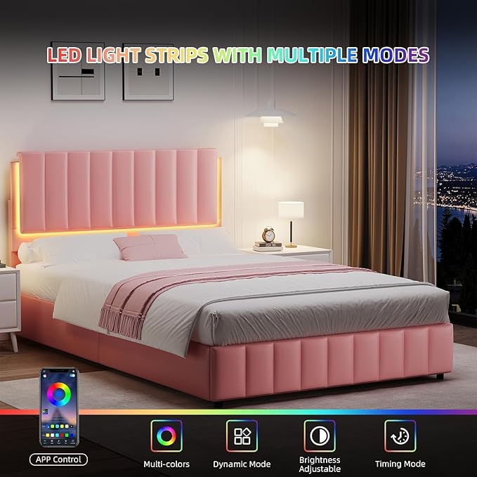 Pink Queen Bed Frame with Headboard and LED Lights, Modern Upholstered Faux Leather Platform Bed with Wooden Slats Support, No Box Spring Needed, Easy Assembly, Pink