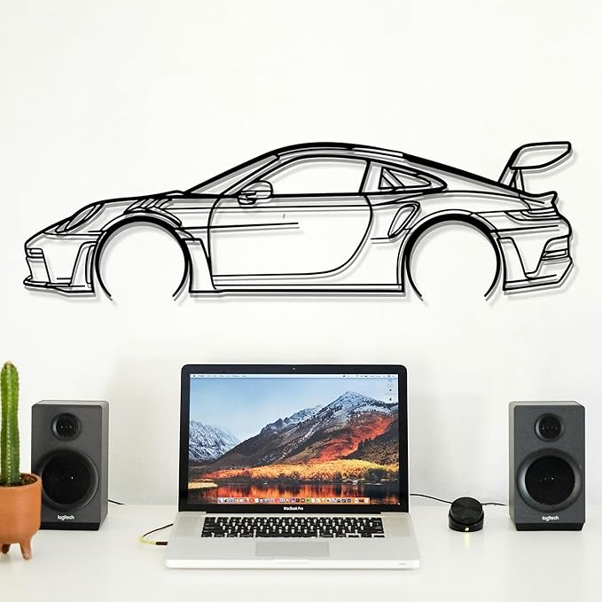 Dekory Car Wall Art – 911 GT3 RS (992) Black Metal Sports Car Silhouette, Modern Industrial Automotive Wall Decor for Garage, Living Room or Bedroom – 24 Inch (S)