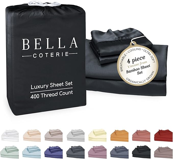 Bella Coterie Luxury Bamboo Viscose King Size Sheet Set | 100% Organically Grown | Ultra Soft | Cooling for Hot Sleepers | 18" Deep Pocket [Black]
