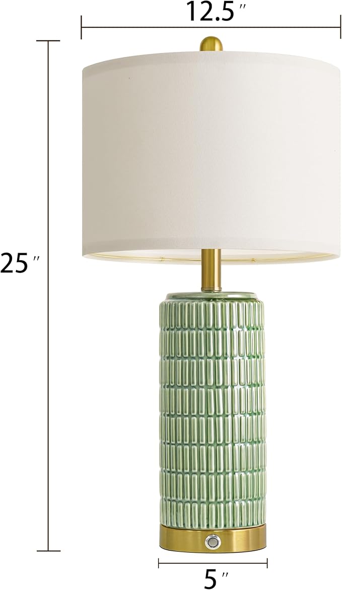 PoKat 25'' Bedside Table Lamps Set of 2 for Living Room with USB A&C Ports, Touch Lamps with 3-Way Dimmable Control for Bedroom, Farmhouse Green Lamps for Nightstand Office Hallway (Bulbs Included)