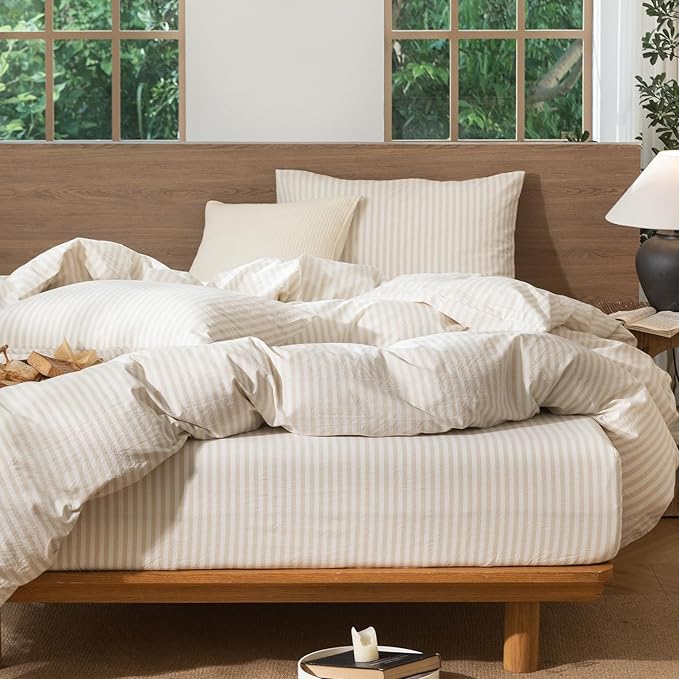 MooMee Striped Duvet Cover Set 100% Washed Cotton Linen Like Textured Breathable Durable Soft Comfy (Almond Milk Grey Classic Stripes, Cal King 104"x98")