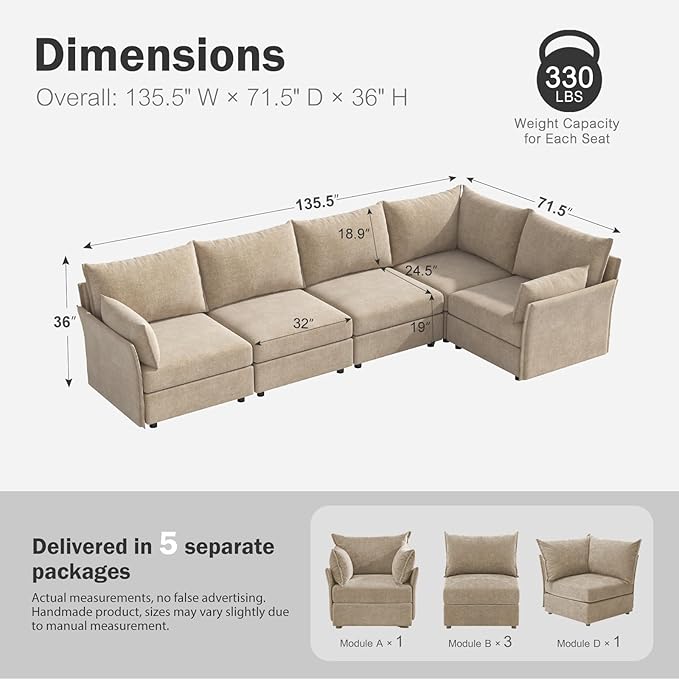 ABCASA 135.5" Oversized Modular Sectional Sofa, L Shaped Convertible Couch with Movable Ottoman, 5 Seat Corner Couches for Living Room Deep Seat Beige Chenille