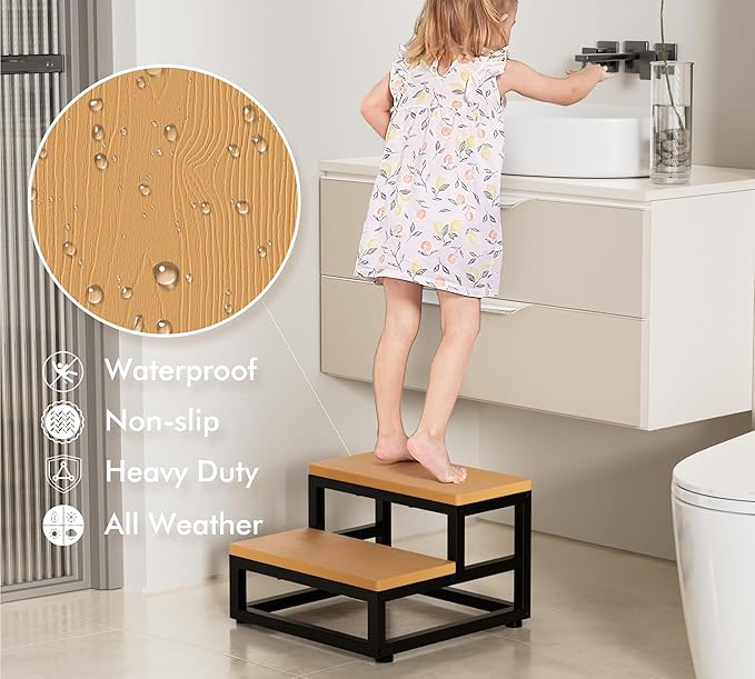 Y&M Two Step Stool for Adults Kids, Waterproof HPDE Bed Step Foot Stool with Adjustable Non-Slip Feet, Metal Frame Stepping for Kitchen Bathroom Bedroom Living Room, Indoor or Outdoor Use, Brown