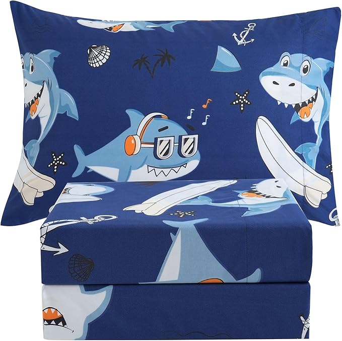 JSD Blue Shark Surfing Kids Sheet Set Twin Size, 3 Piece Nautical Printed Microfiber Sheets Deep Pocket