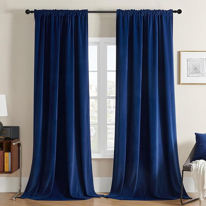 Joydeco Blue Velvet Curtains 108 inch Length 2 Panels Burg Set, Luxury Rod Pocket Thermal Insulated Window Blackout Curtain, Room Darkening Drapes for Living Dining Room Bedroom Privacy