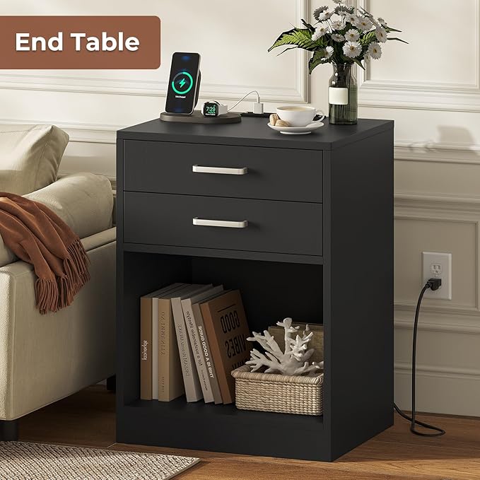 ADORNEVE Night Stand Set 2,Black Nightstand with Charging Station & Drawers,Night Stands for Bedrooms Set of 2,Bedside Table with Drawers