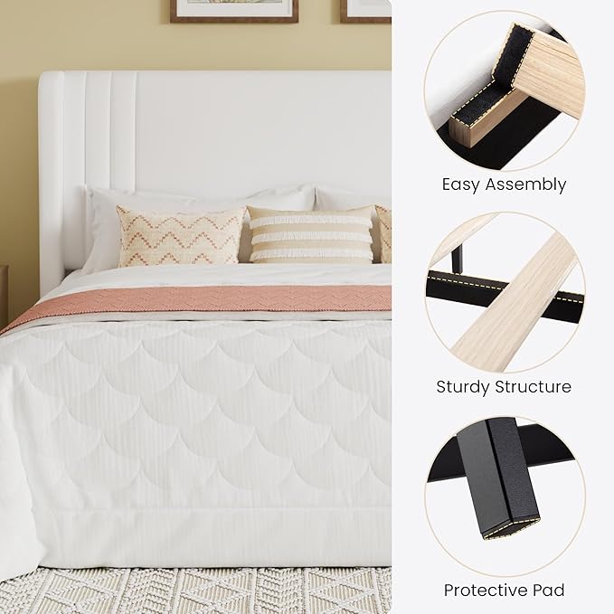 SHA CERLIN Queen Size Velvet Upholstered Platform Bed Frame with Vertical Channel Tufted Wingback Headboard, Wooden Slats Support, Easy Assembly, Under Bed Storage, No Box Spring Required, White