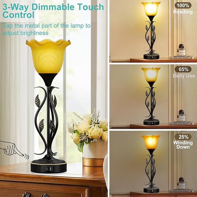20" Table Lamps for Living Room – Set of 2 Touch Bedside Lamps with USB C Ports, Leafy Vines Amber Flower Shade, Torchiere Design for Bedroom Nightstand, LED Bulbs, Easy Assembly