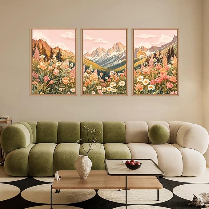 LHIUEM Large Abstract Colorful Mountain Framed Canvas Wall Art,Boho Pink Flower Wall Decor, Nature Wildflower Wall Painting,Bohemian Artwork for Living Room,Bedroom,Dining Room,Office -24"x36"x3