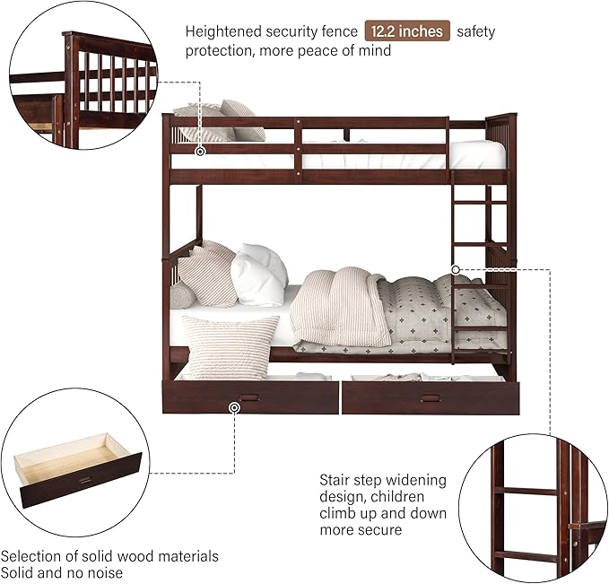 Merax Wood Bunk Bed with Drawers, Full Over Full Convertible Bunk Bed with Ladders and Two Storage Drawers,Solid Wood Detachable Bed Frame with Ladders, Espresso