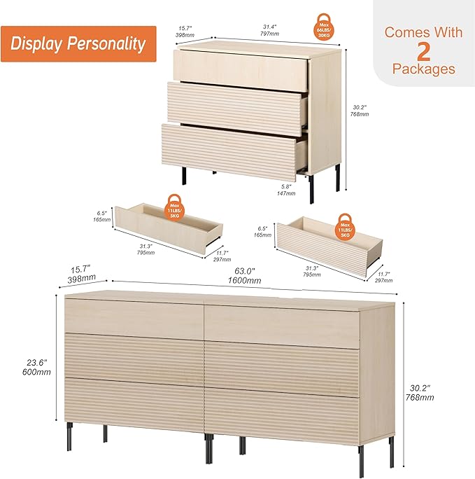 WAMPAT 63" W Fluted Dresser for Bedroom, Modern 6 Drawer Dresser TV Stand with Hidden Handles, Wooden Chest of Drawers Closet Clothes Storage Organizer for Bedroom, Living Room, Beige