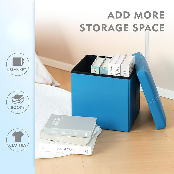 B FSOBEIIALEO Folding Storage Ottoman Cube, Faux Leather Footrest Seat Coffee Table, Blue 11.8"x11.8"x11.8"