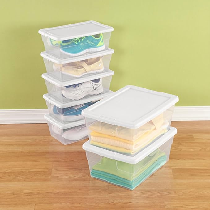Sterilite 12-Pack 6 Quart Storage Boxes, Stackable Clear Plastic Bins with Snap-On Lids – Heavy-Duty Organizing Containers for Closet, Bathroom, and Office