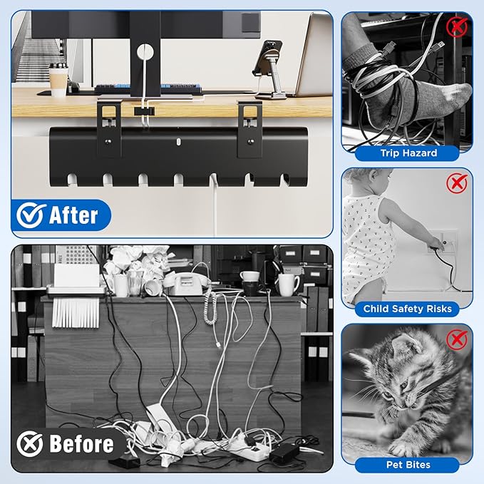 Under Desk Cable Management Tray No-Drill 2 Pack 16.9‘’ Wire Cord Organizers, Cable Management Under Desk for Home and Office No Damage Black