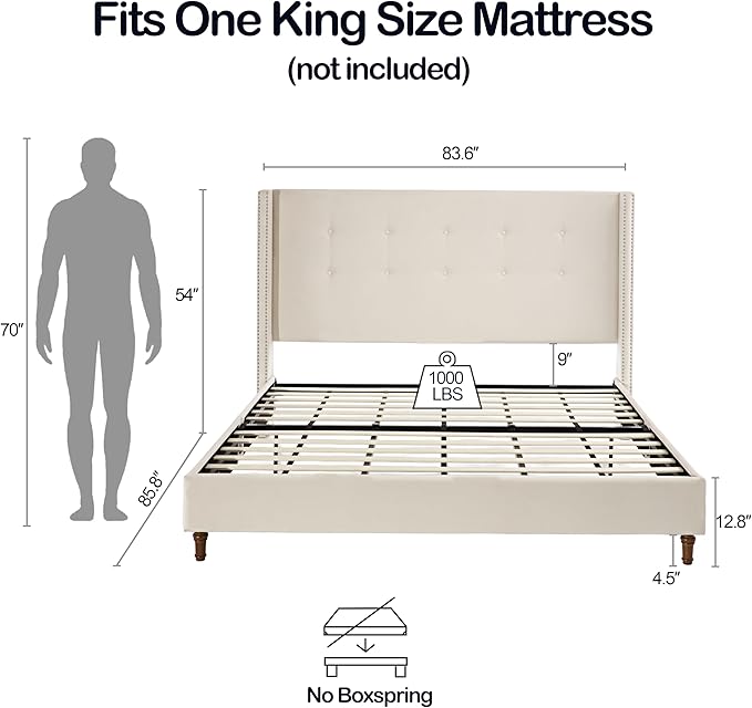 King Size Upholstered Bed Frame, 54" Tall Headboard Platform Bedframes with Nail Head Decorative Wingback, Hand Buttoned Tufting Headboard Beds/No Box Spring Needed/Minimalism, Ivory Velvet