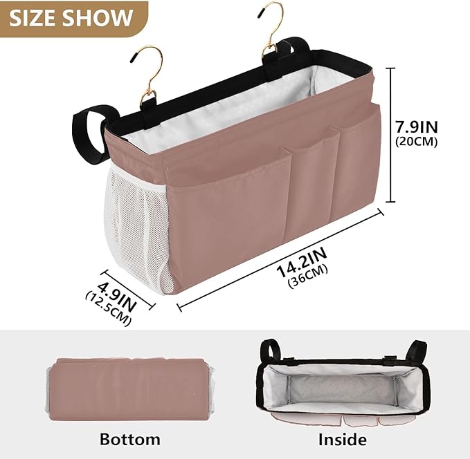 KOPIRIT Light Brown Bedside Caddy Storage Bag Bedside Organizer for Dorm Room Top Bunk Bed Hanging Storage Organizer 6 Pockets with Hooks for Magazine Water Bottle Holder