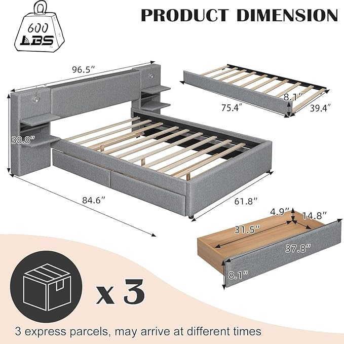 Luxury Queen Bed Frame,Queen Size Trundle Bed Frame with 2 Storage Drawers,Reading Lights, Storage Headboard,Storages Rack,Queen Size Linen Upholstered Platform Bed for Bedroom (Gray, Queen)