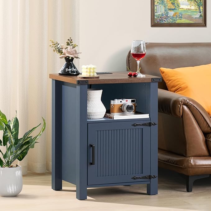 Joaxswe Night Stand Set of 2, 18 Inch Farmhouse Nightstand with with Charging Station and USB Port, Rustic Couch End Table with Magnetic Door, Wood Bed Side Tables for Bedroom, Home, Navy Blue