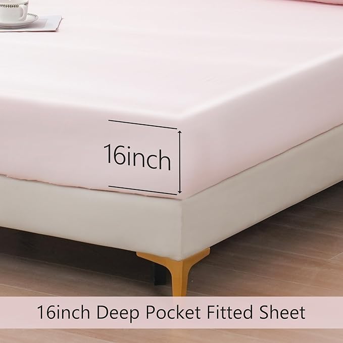 Linen World Queen Size 400TC Cooling Bed Sheet Set - 100% Organically Grown Viscose Sheets, Silky Soft & Breathable, Deep Pocket Fits Up to 16", 4-Piece Sheets with Pillowcases,Baby Pink