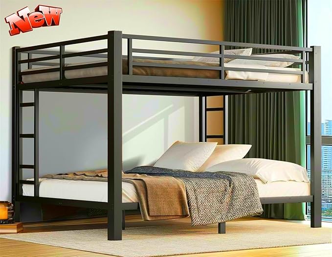 Higher Quality & Stronger Heavy Duty Metal Bunk Bed Frame Queen Over Queen Size for Adults Teens, Thickened More Stable Steel Bunkbed (Queen Over Queen-A)