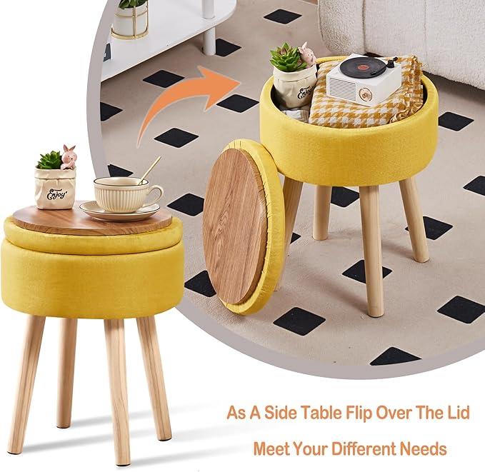 Mxfurhawa Storage Ottoman Foot Stool Linen Round Vanity Stool Tray Top Footstool with Wood Legs Multifunctional Upholstered Foot Rest Ottoman for Living Room, Bathroom, Makeup (Yellow)