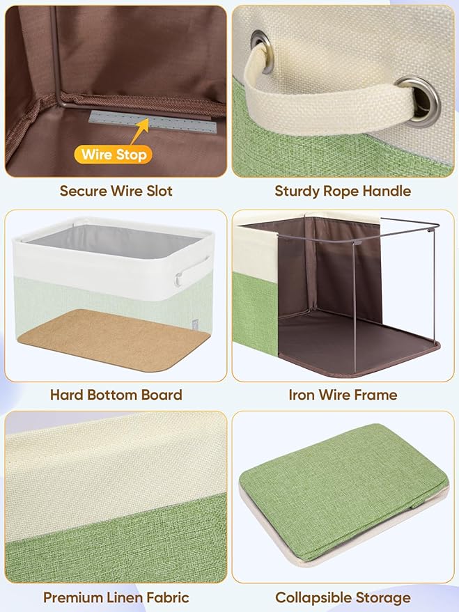 BALEINE 3 Pack Fabric Storage Bins for Shelves, Linen Storage Baskets for Organizing, Decorative Closet Bins for Clothes, Home (Green, 15''x11''x9.5'')