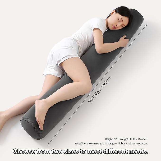 Long Pillow for Bed – Round Bolster Pillow for Adults, Body Pillow for Sleeping, Ergonomic Support,59 x 7.87 Inches,Steel Gray