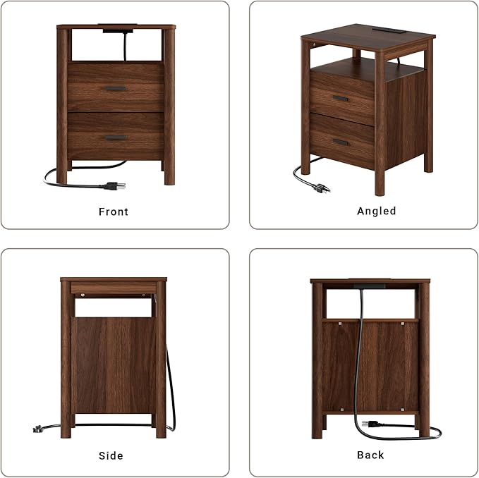 FavourLife Night Stand Set 2, 20" Wide Nightstands Set of 2, Modern Nightstand with Charging Station, 2 Drawer Wooden End Table with Solid Round Post Legs, Bedside Table w/Storage for Bedroom, Walnut
