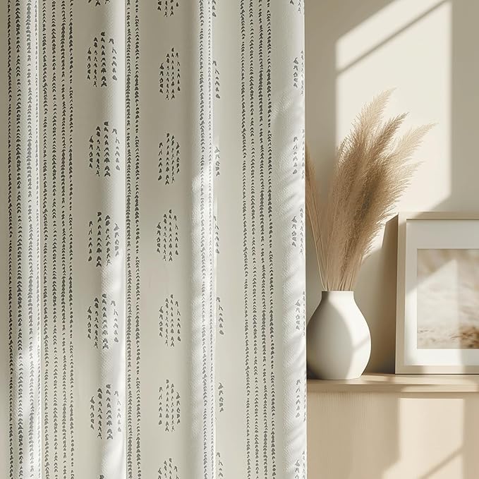 100% Boho Blackout Curtains 72 Inches Long for Bedroom, Grey on Beige Patterned Bohemian Curtains for Living Room, Geometric Striped Thermal Insulated Window Drapes Gromment Top 2 Panels