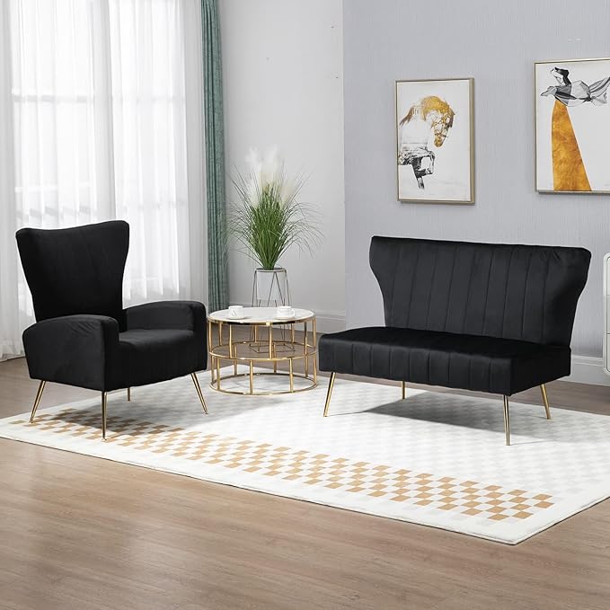 50’’ Armless Loveseat Sofa, Comfy Upholstered Velet Small Couch Sofa with Gold Legs, 2 Seater Tufted Modern Couch for Living Room, Bedroom, Apartment Small Space (Black)