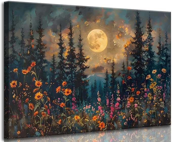 Full Moon Forest Canvas Wall Art Moonlit Pine Tree Mountains and Wildflowers Woodland Nature Landscape Picture Wall Decor Poster Print Artwork for Bedroom Living Room Home Decoration