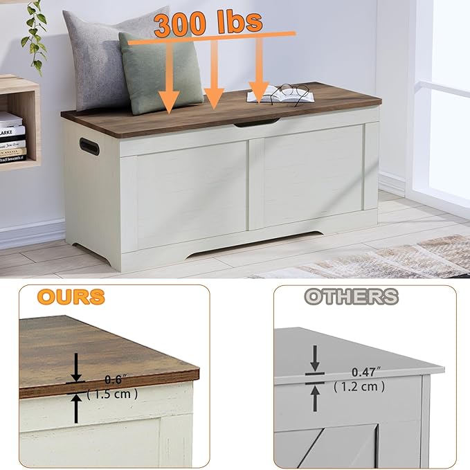 Timberer 39.4" Storage Chest, Wooden Storage Bench, Lift Top Toy Chest with 2 Safety Hinges, Large Toy Box, Entryway Bench for Living Room, Bedroom, Brown and Rustic White
