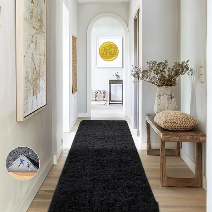 Ophanie 2x8 Runner Rug for Hallway, Upgrade Non-Slip Fluffy Soft Bedside Rugs, Bedroom Living Room Black Shaggy Carpet for Kids Girls Boys Dorm Nursery Home Decor Aesthetic