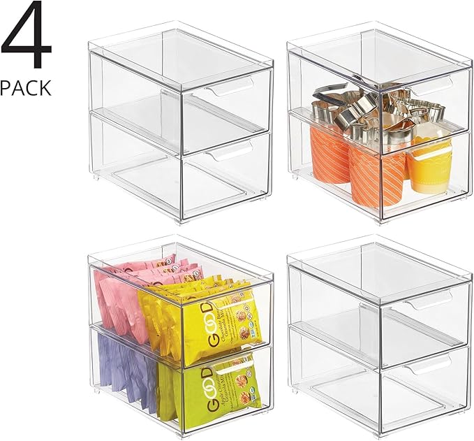 mDesign Stackable Storage Containers Box with 2 Pull-Out Drawers - Stacking Plastic Drawer Bins for Kitchen Pantry and Cupboard, Cabinet, Counter, Island and Tables - Lumiere Collection, 4 Pack, Clear