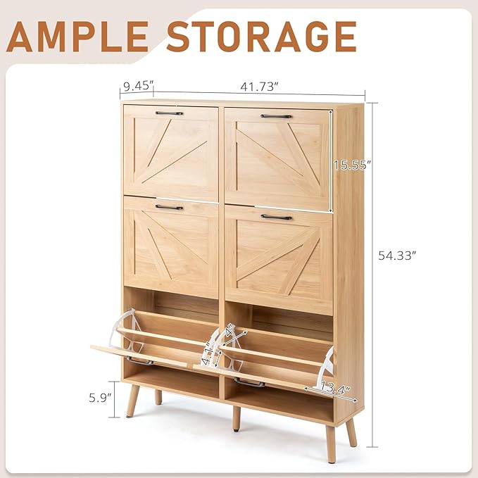 VINGLI 6 Flip Drawer Shoe Cabinet for Entryway, Rustic Shoe Storage Cabinet with 5 Solid Wood Legs, Farmhouse Barn Door Design Shoe Organizer for Hallway, Bedroom, or Living Room, Natural Wood Finish