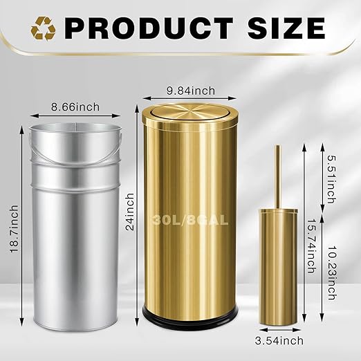 Maxdot 2 Pcs 8 Gallon/30 L Gold Lidded Trash Can and Toilet Brush Set, Garbage Bin with Flip Lid Commercial Compact Waste Basket for Bathroom Bedroom Office Shopping Centers, Elevator Doors, Hotels